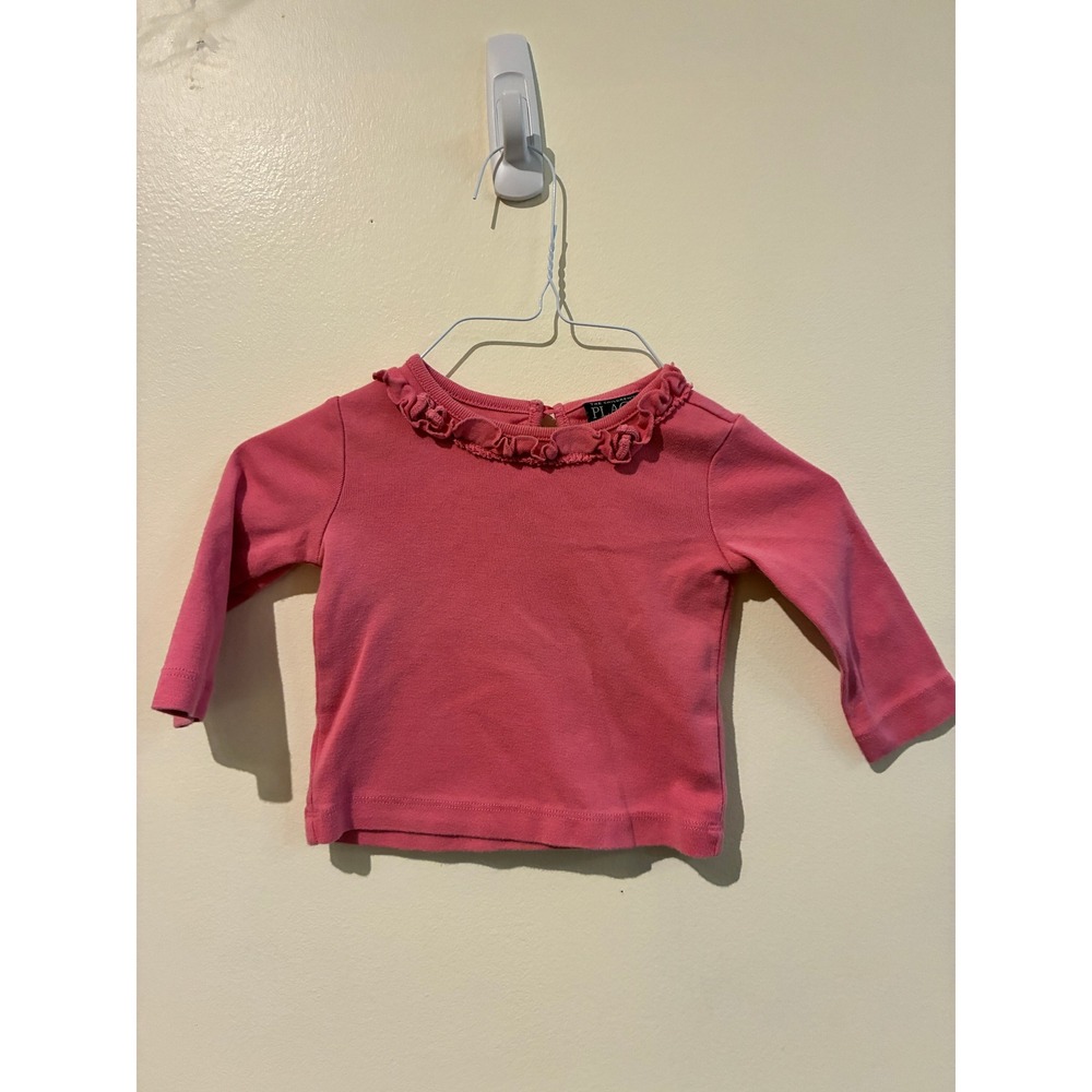 The Childrens Place 2000s Baby Girl Pink Ruffle Neck Long Sleeve Cotton Tee 6-9M